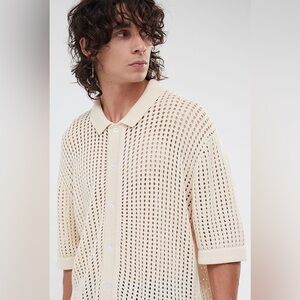 PacSun Men's Cream Open-Knit Button Down Shirt